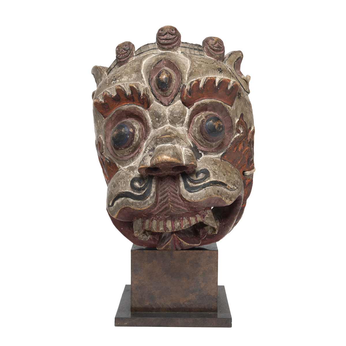 Tibetan Ceremonial Snow Leopard Carved and Painted Wood Mask.