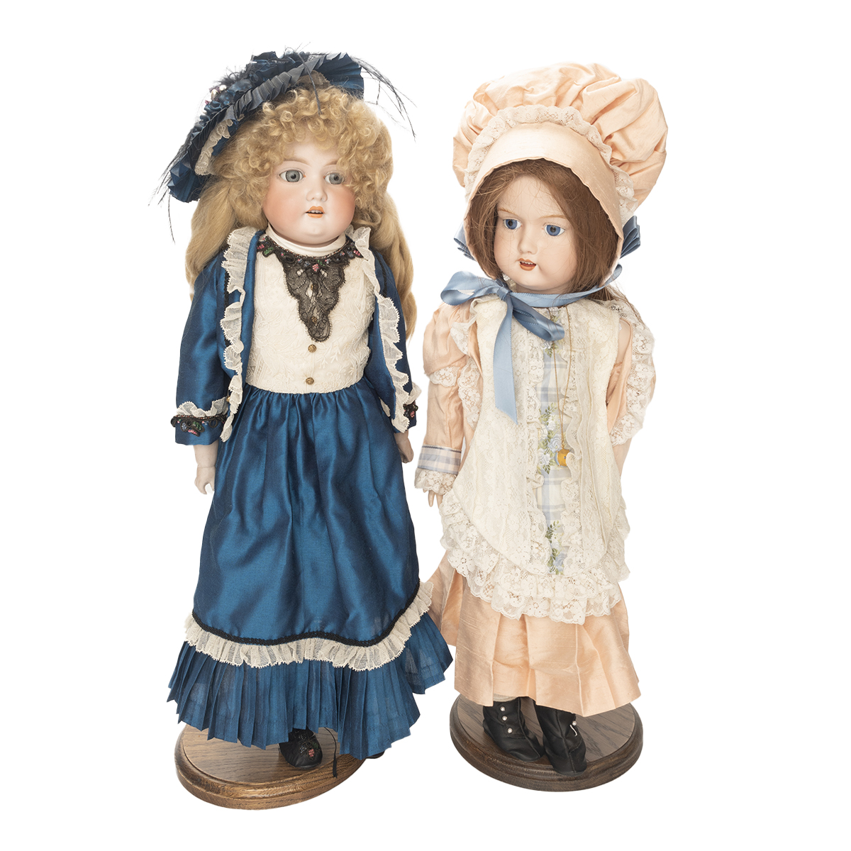 Two Armand Marseille Bisque Head Dolls #370 and Stands.