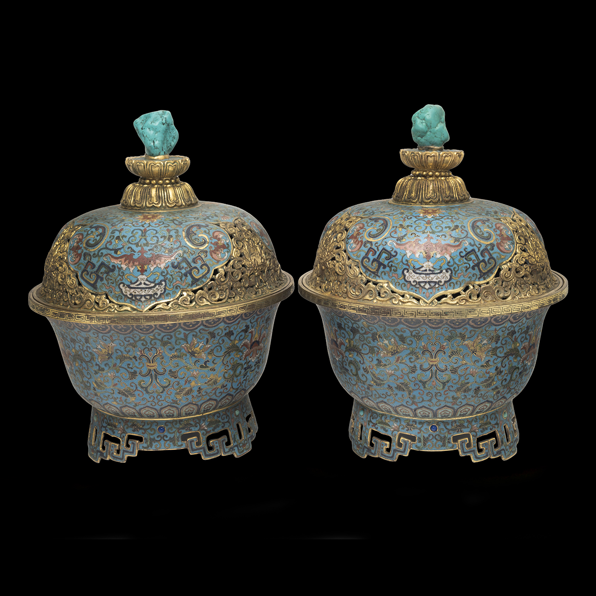 Pair of Chinese Cloisonne Censers with Covers.