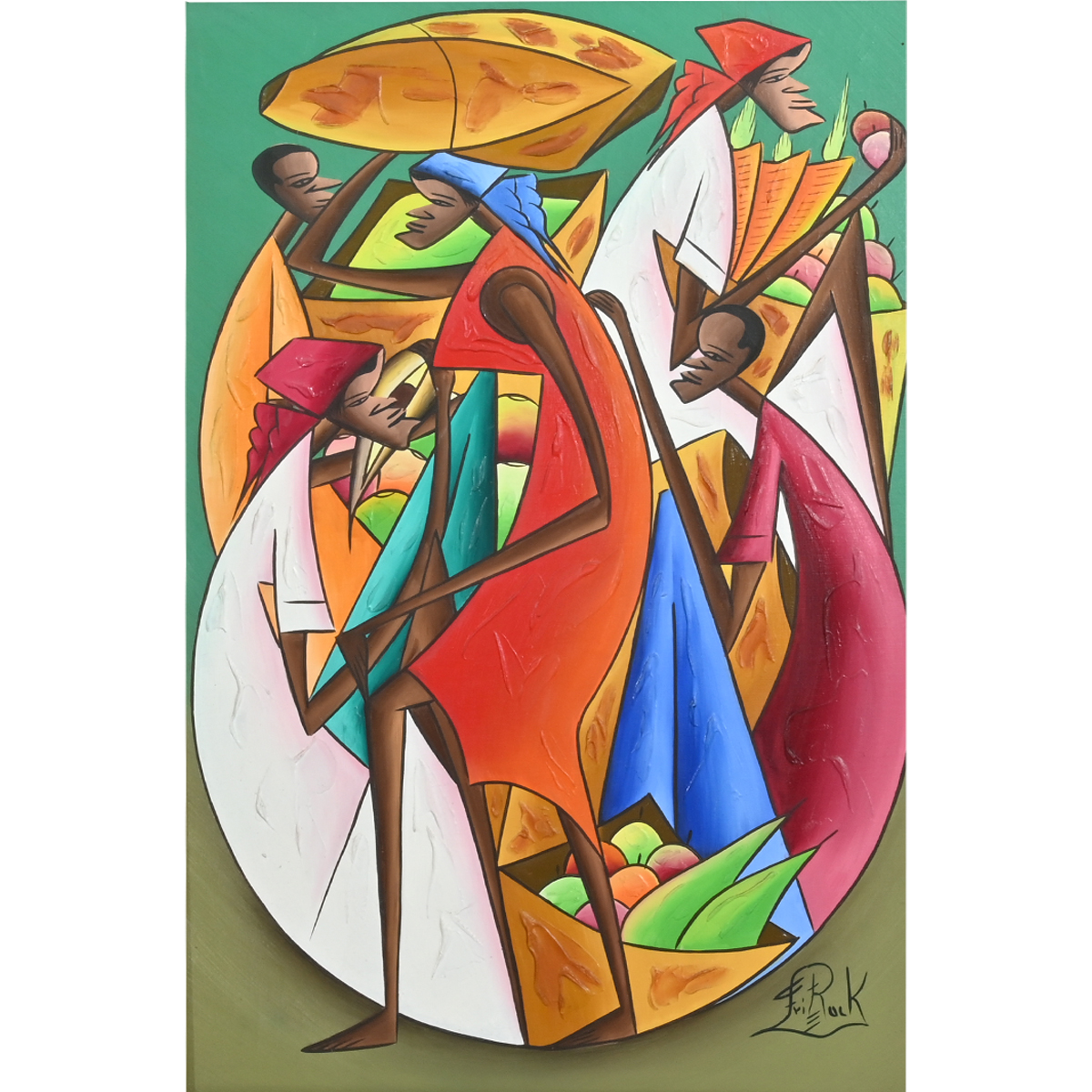 FRITZ ROCK (Haitian, 1944 - 1976),  Haitian Market Scene,  acrylic on canvas