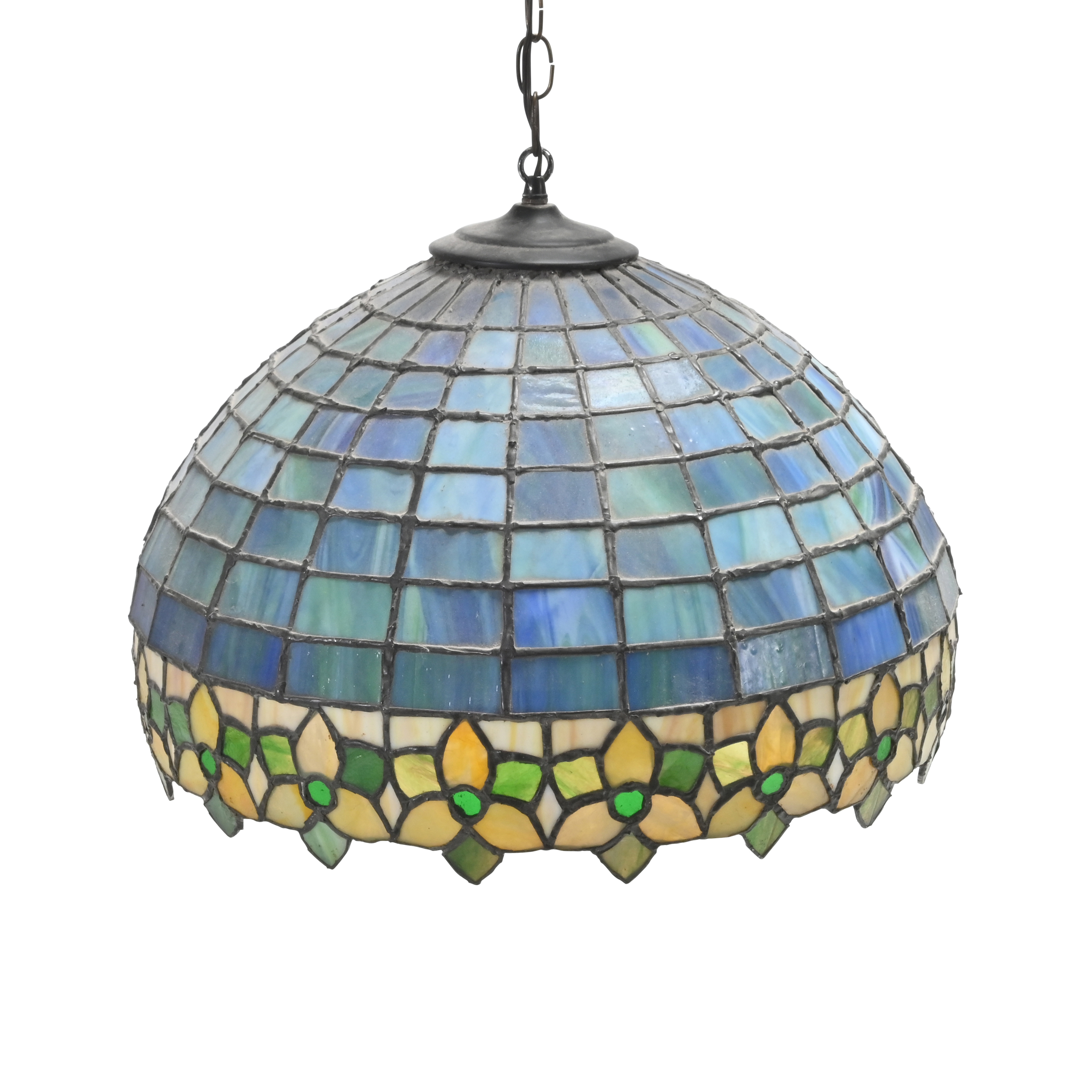 Arts and Crafts Leaded Slag Glass Hanging Lamp.