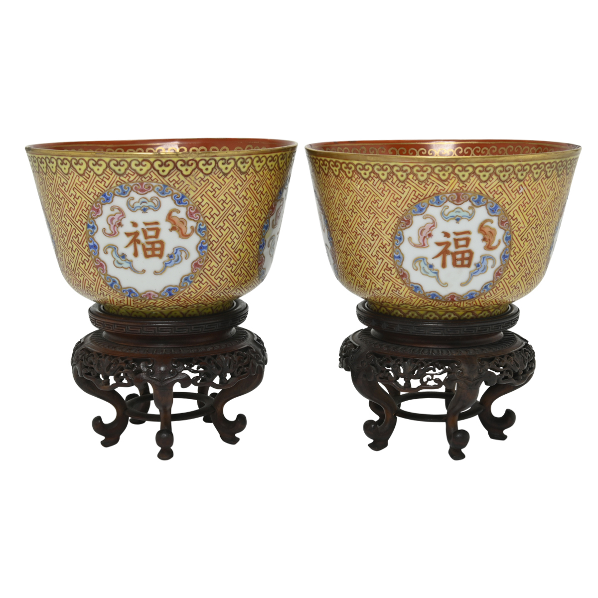 Pair of Chinese Yellow Famile Rose Enamelled Deep Bowls.